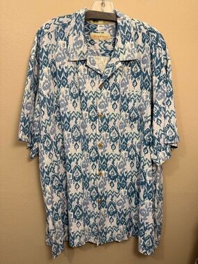 Tommy Bahama Men’s 100% Silk Blue White Ikat Coastal Button Down Shirt Size XL